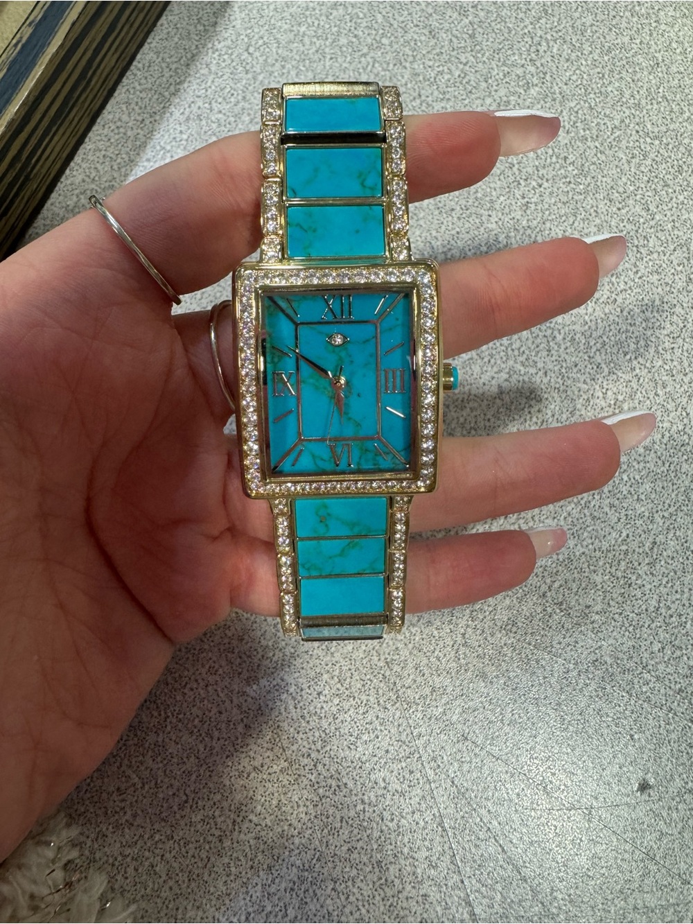 Rarities Carol Brodie Goldtone Turquoise Pave Crystal Rectangle Bracelet Watch